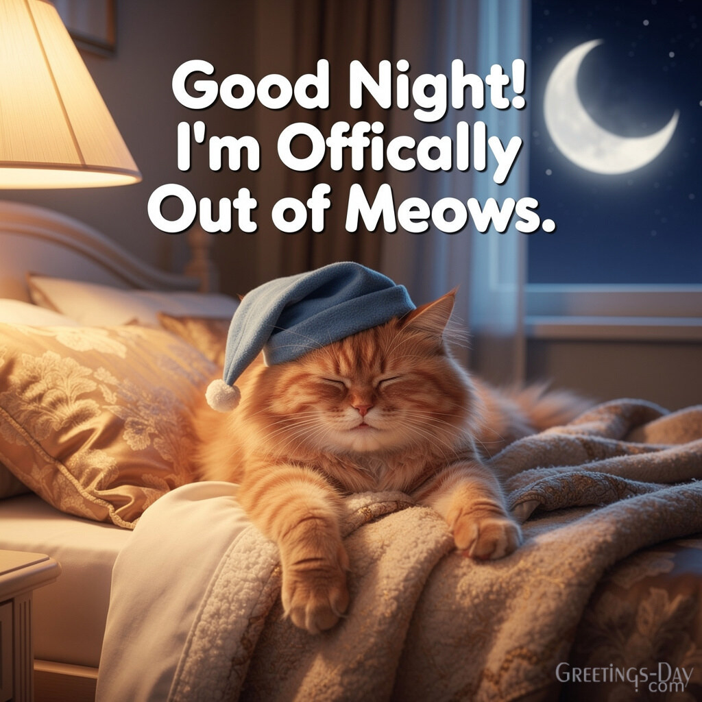 funny-good-night-image-sleepy-cat-out-of-meows with the text 