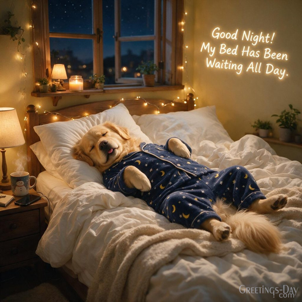 funny-good-night-wishes-dog-bed-waiting with the text