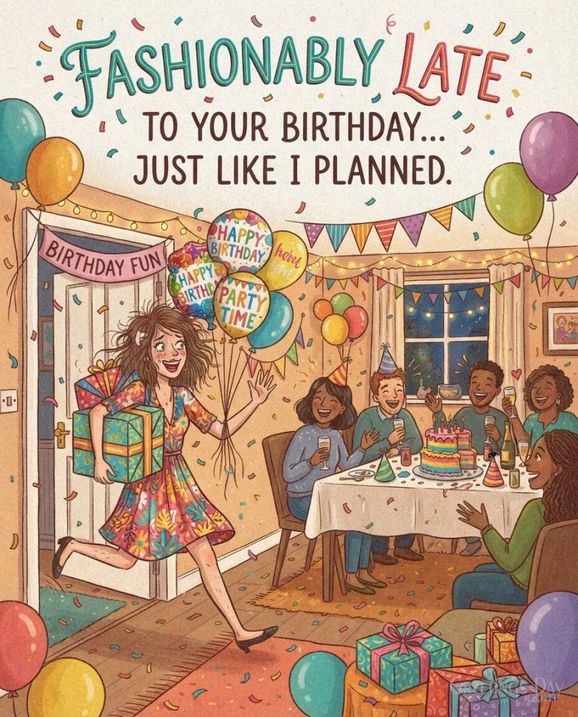 Funny Happy Belated Birthday image featuring “Fashionably late to your birthday… just like I planned.” with the text