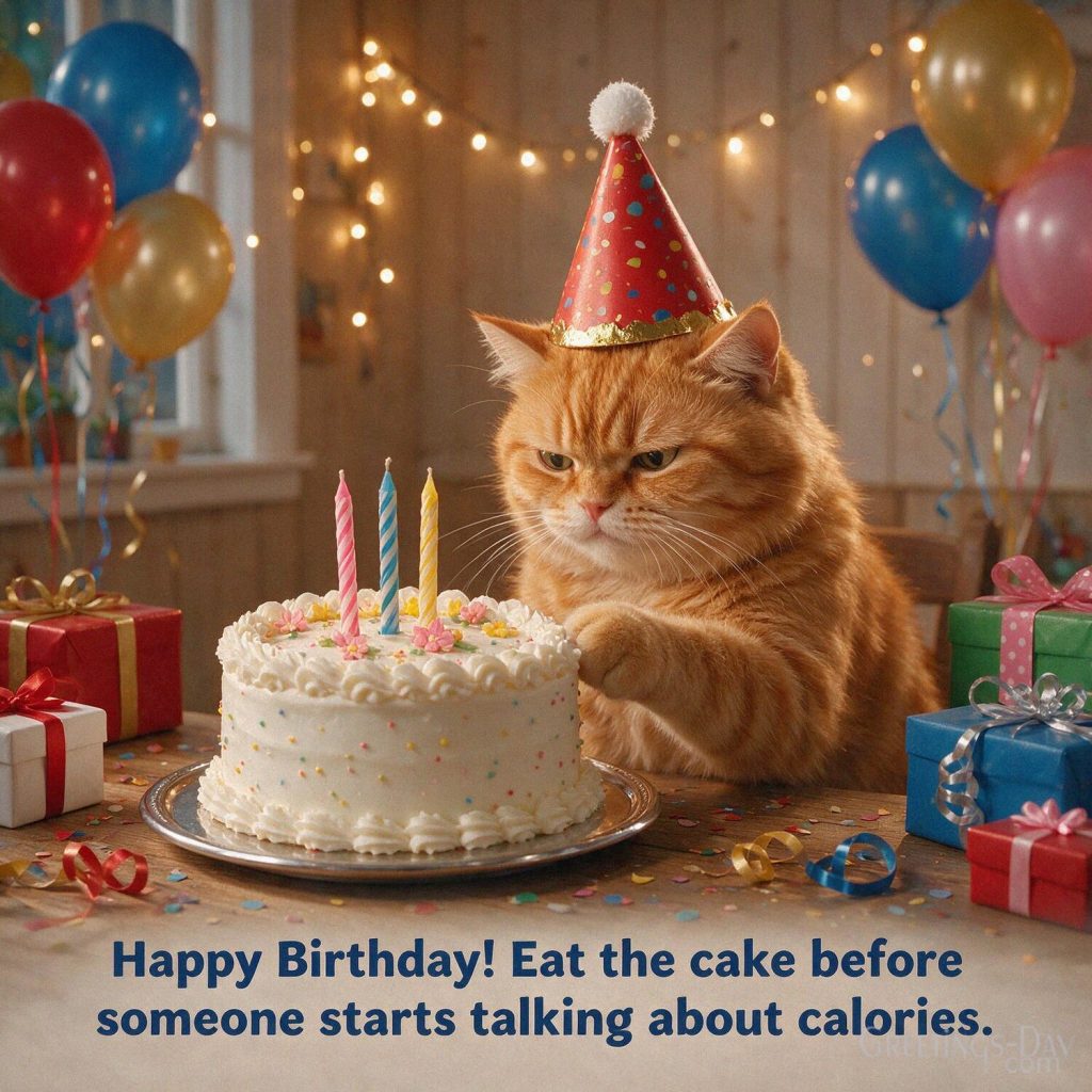 Funny Happy Birthday cat image beside a cake and confetti saying “Happy Birthday! Eat the cake before someone starts talking about calories.” with the text 