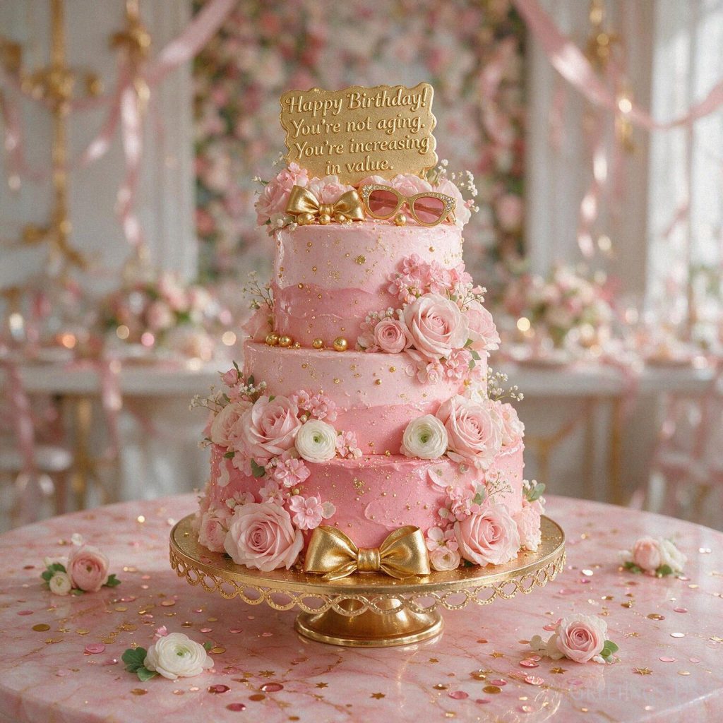 Funny Happy Birthday image for her with elegant flowers and glamorous party decorations saying “Another birthday? Don't worry. Fabulous doesn't have an expiration date.” with the t