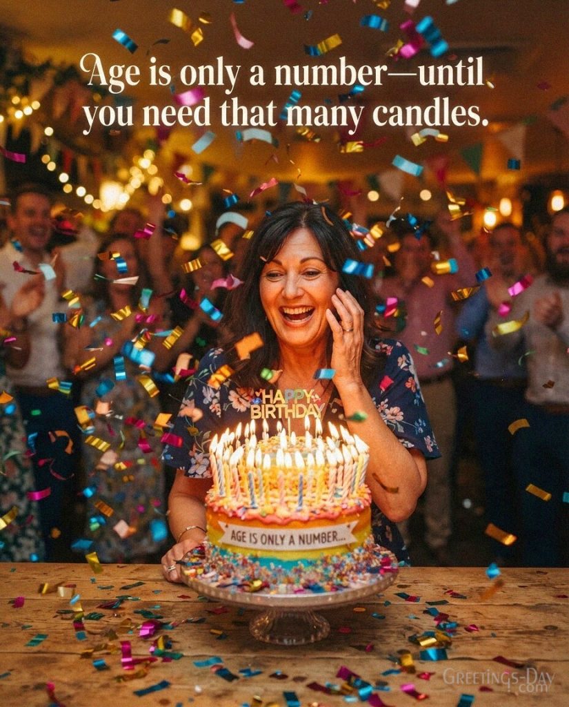 Funny Happy Birthday Quote image with cake covered in candles saying “Age is only a number—until you need that many candles.” with the text 