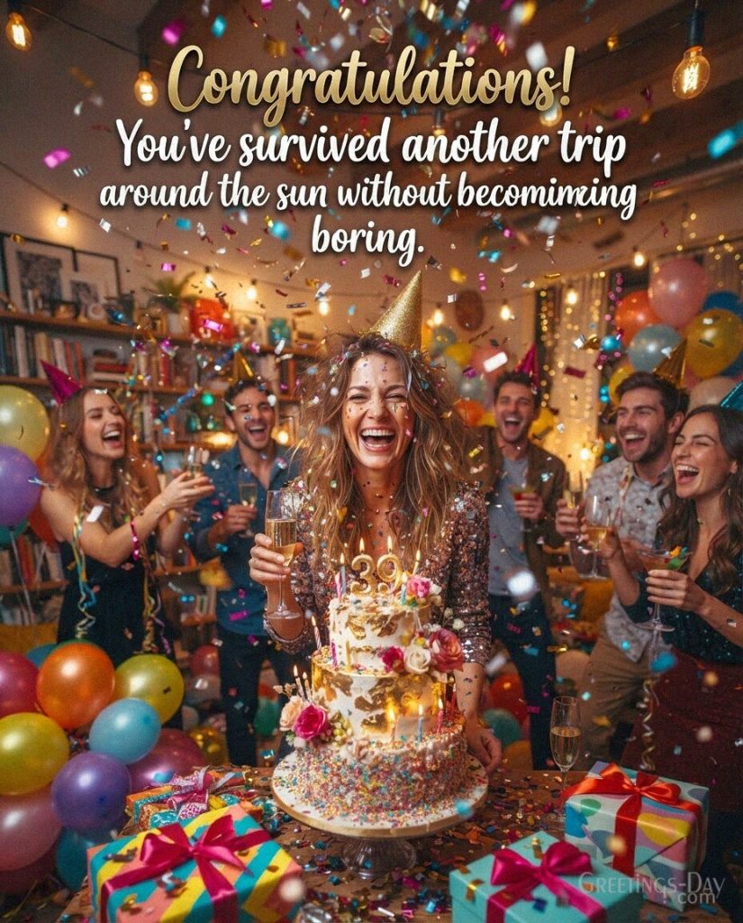 Funny Happy Birthday image with an over-the-top party celebration saying “Congratulations! You've survived another trip around the sun without becoming boring.” with the text