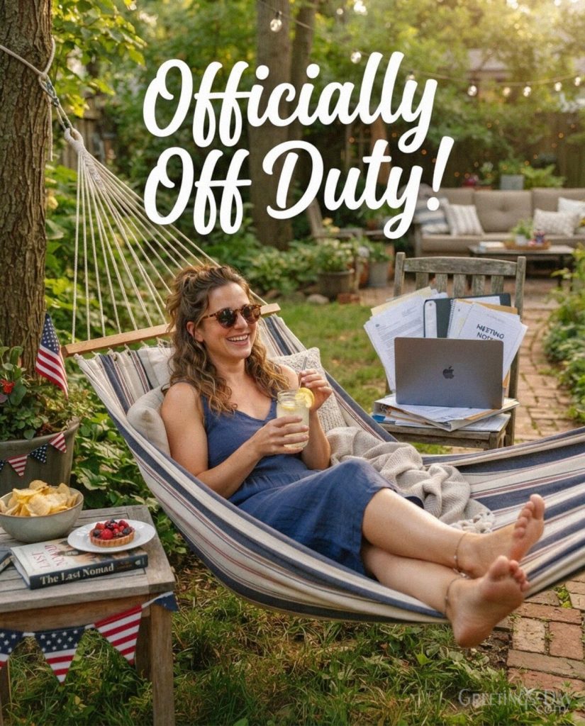 Funny Labor Day greeting card with relaxing hammock scene and humorous “Work Hard. Nap Harder.” quote with the text 