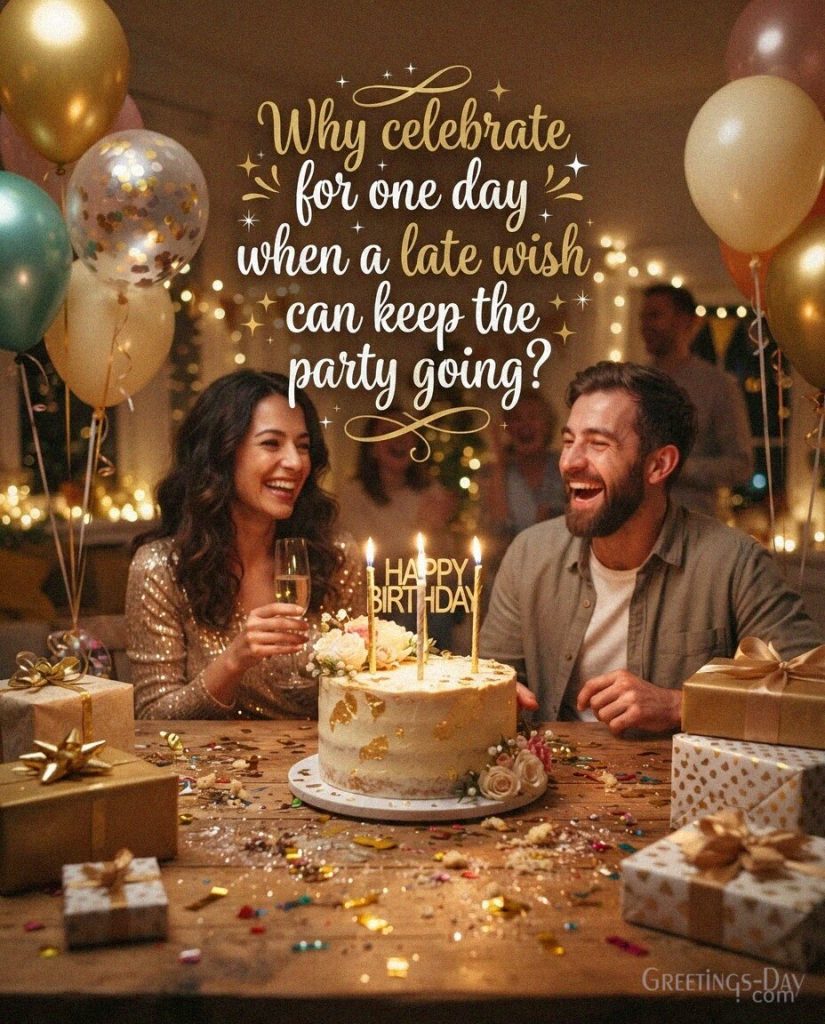 Funny Late Birthday image featuring “Why celebrate for one day when a late wish can keep the party going?” with the text 