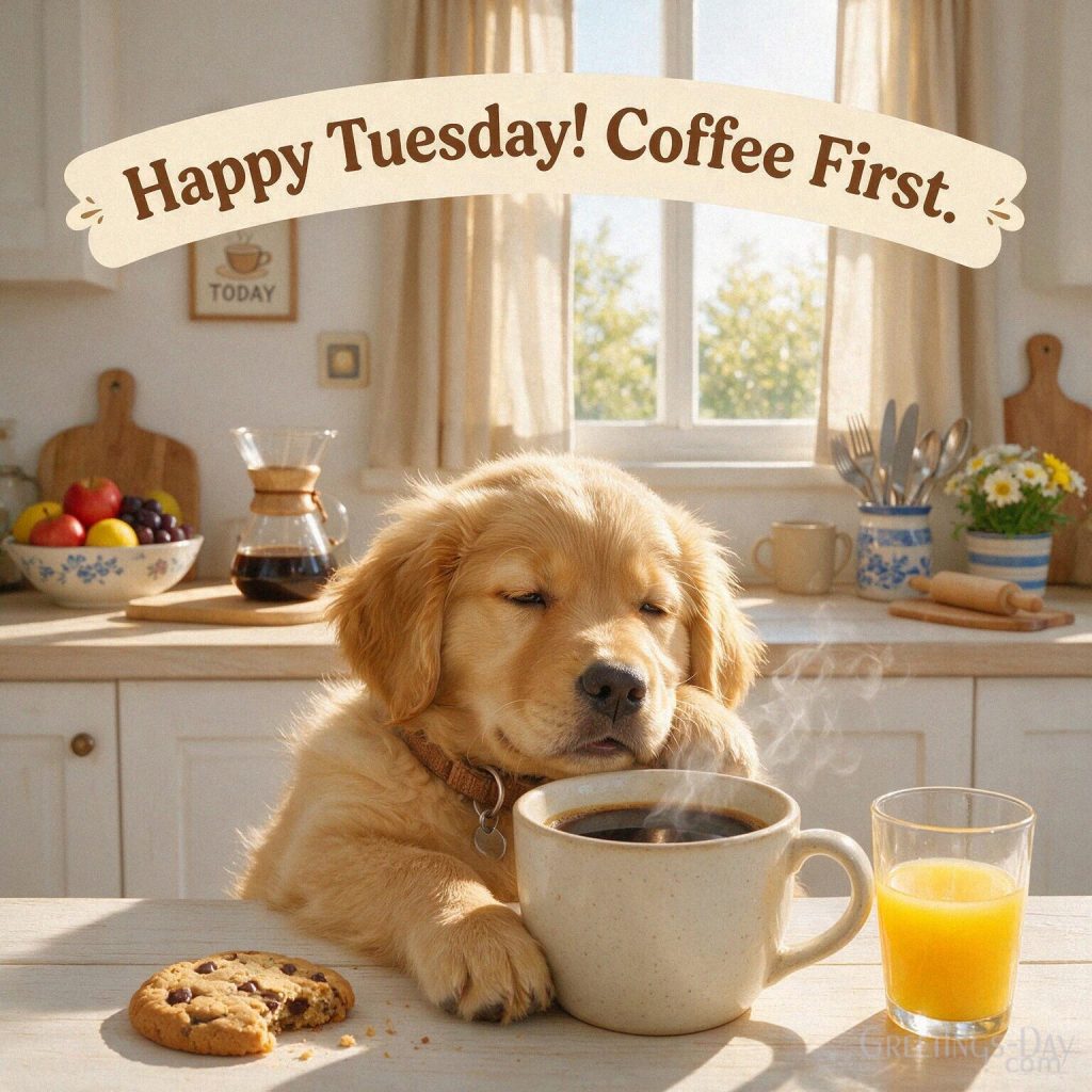 Funny Tuesday image with a sleepy golden retriever and oversized coffee mug featuring the humorous message “Happy Tuesday! Coffee First.” with the text 