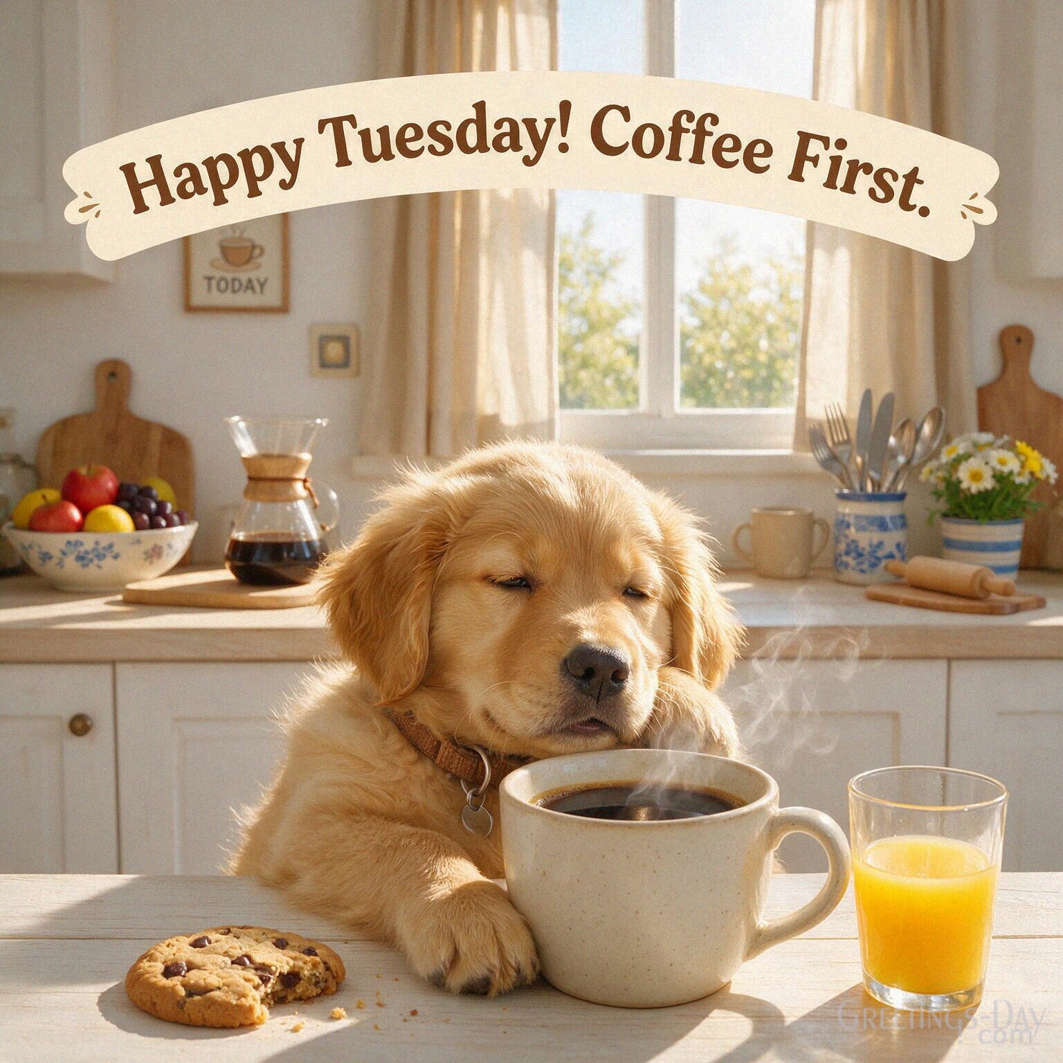 Funny Tuesday image with a sleepy golden retriever and oversized coffee mug featuring the humorous message “Happy Tuesday! Coffee First.” with the text "Happy Tuesday! Coffee First