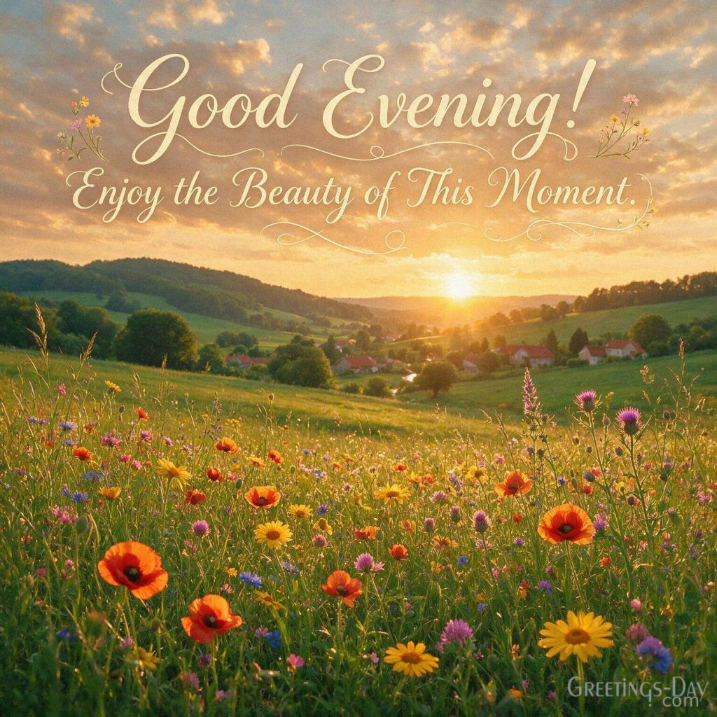Peaceful Good Evening image of a glowing wildflower meadow at sunset with the quote “Good Evening! Enjoy the Beauty of This Moment.” with the text 