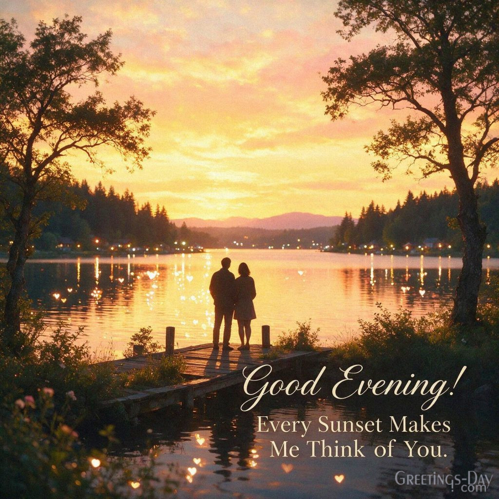 Romantic Good Evening image with a couple overlooking a glowing sunset and the words “Good Evening! Every Sunset Makes Me Think of You.” with the text