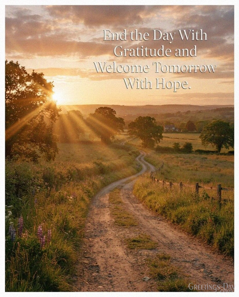 Inspirational evening image with a country road and glowing sunset featuring the quote “End the Day With Gratitude and Welcome Tomorrow With Hope.” with the text