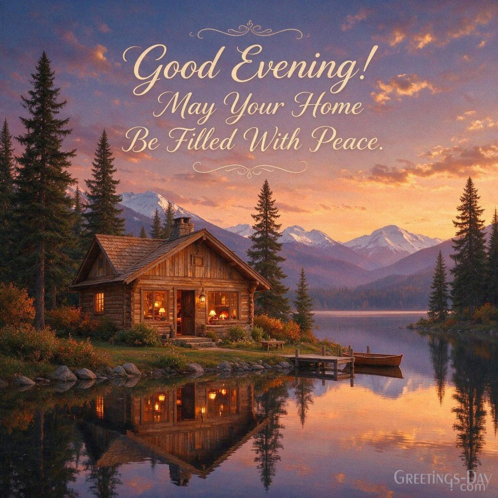 Peaceful Good Evening image of a cozy mountain cabin beside a lake saying “Good Evening! May Your Home Be Filled With Peace.” with the text 
