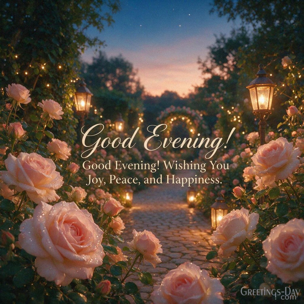 Good Evening greeting image with beautiful roses and glowing garden lanterns saying “Good Evening! Wishing You Joy