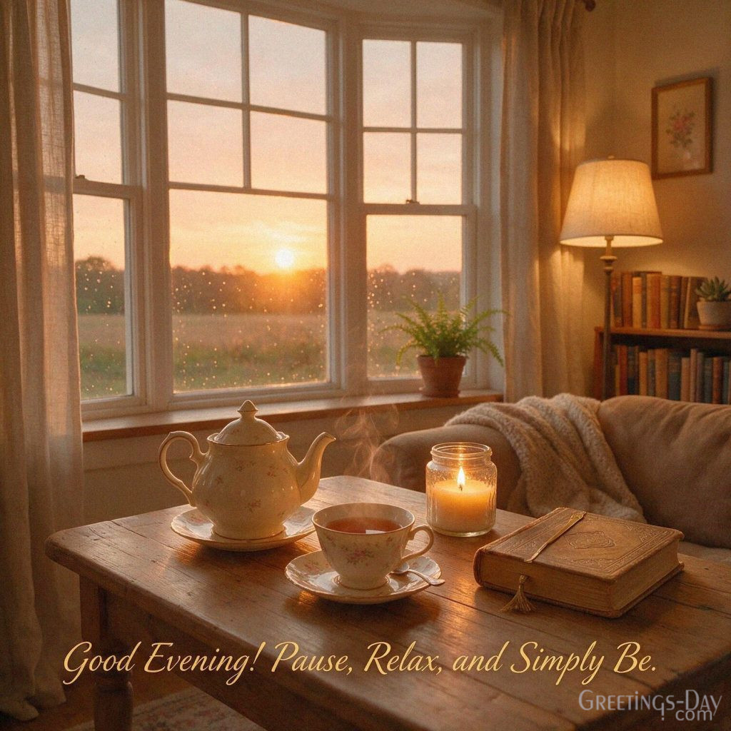 Relaxing Good Evening image with warm candlelight and tea beside a sunset window saying “Good Evening! Pause