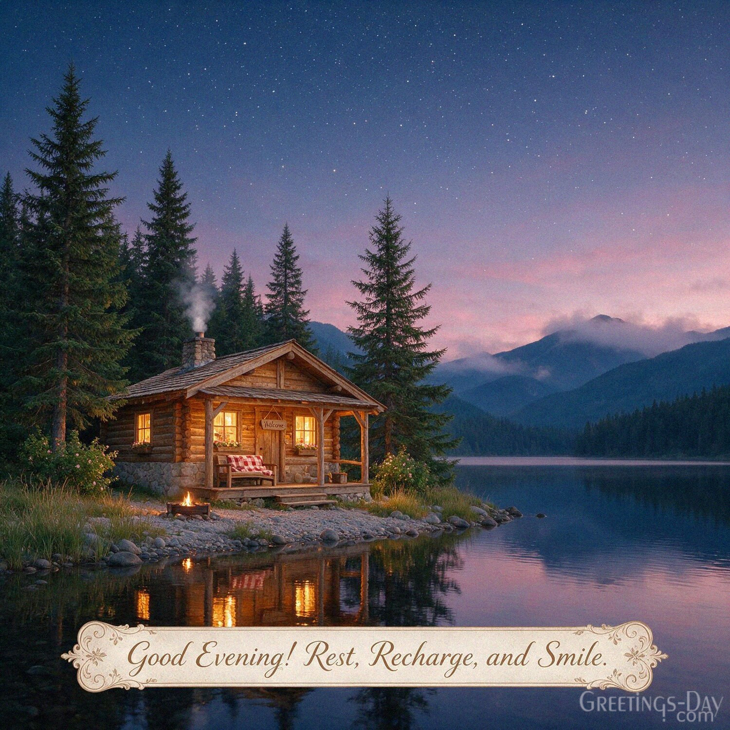 Relaxing Good Evening image of a cozy cabin under a twilight sky with the message “Good Evening! Rest