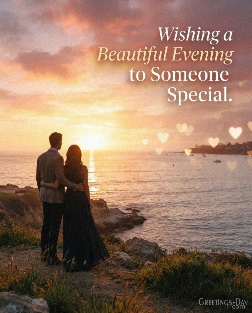Romantic Good Evening picture of two people together at sunset saying “Wishing a Beautiful Evening to Someone Special.” with the text