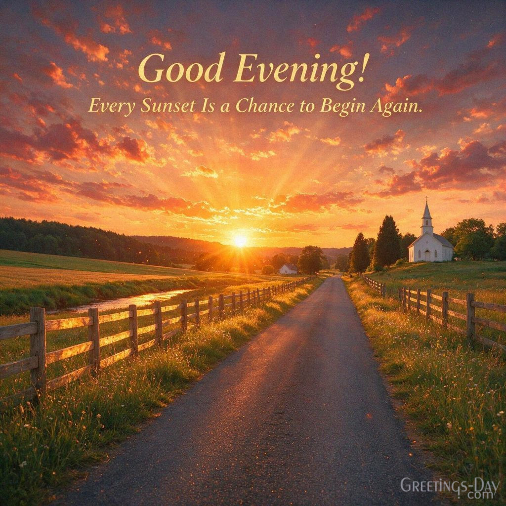Inspirational Good Evening picture of a beautiful sunset over a country road saying “Good Evening! Every Sunset Is a Chance to Begin Again.” with the text 