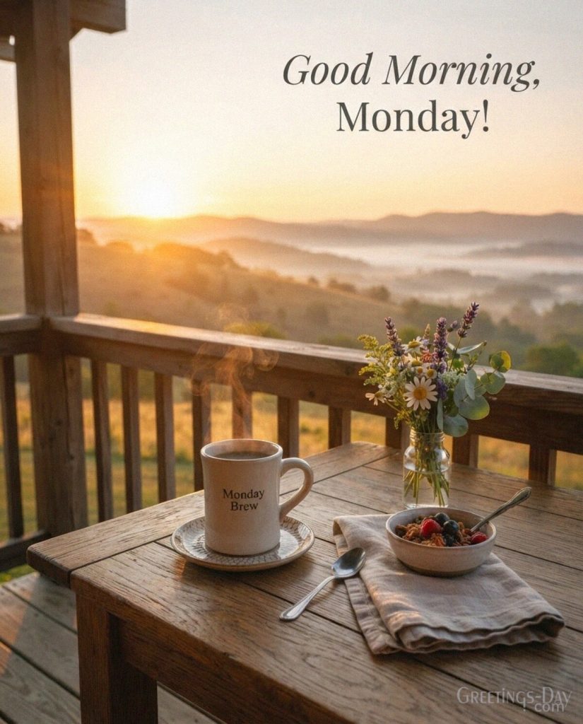 Good Morning Monday image with a cozy coffee cup overlooking a peaceful golden sunrise and the message “Good Morning