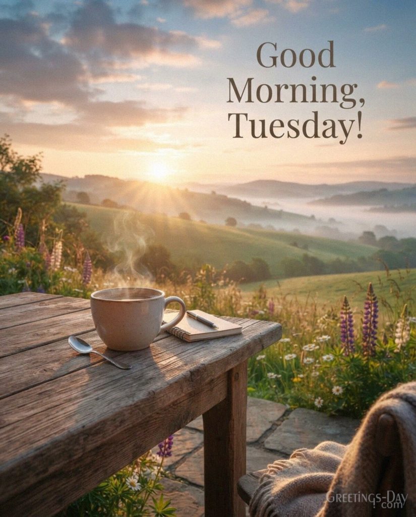 Good Morning Tuesday image with a cozy coffee cup overlooking a golden sunrise and the cheerful message “Good Morning