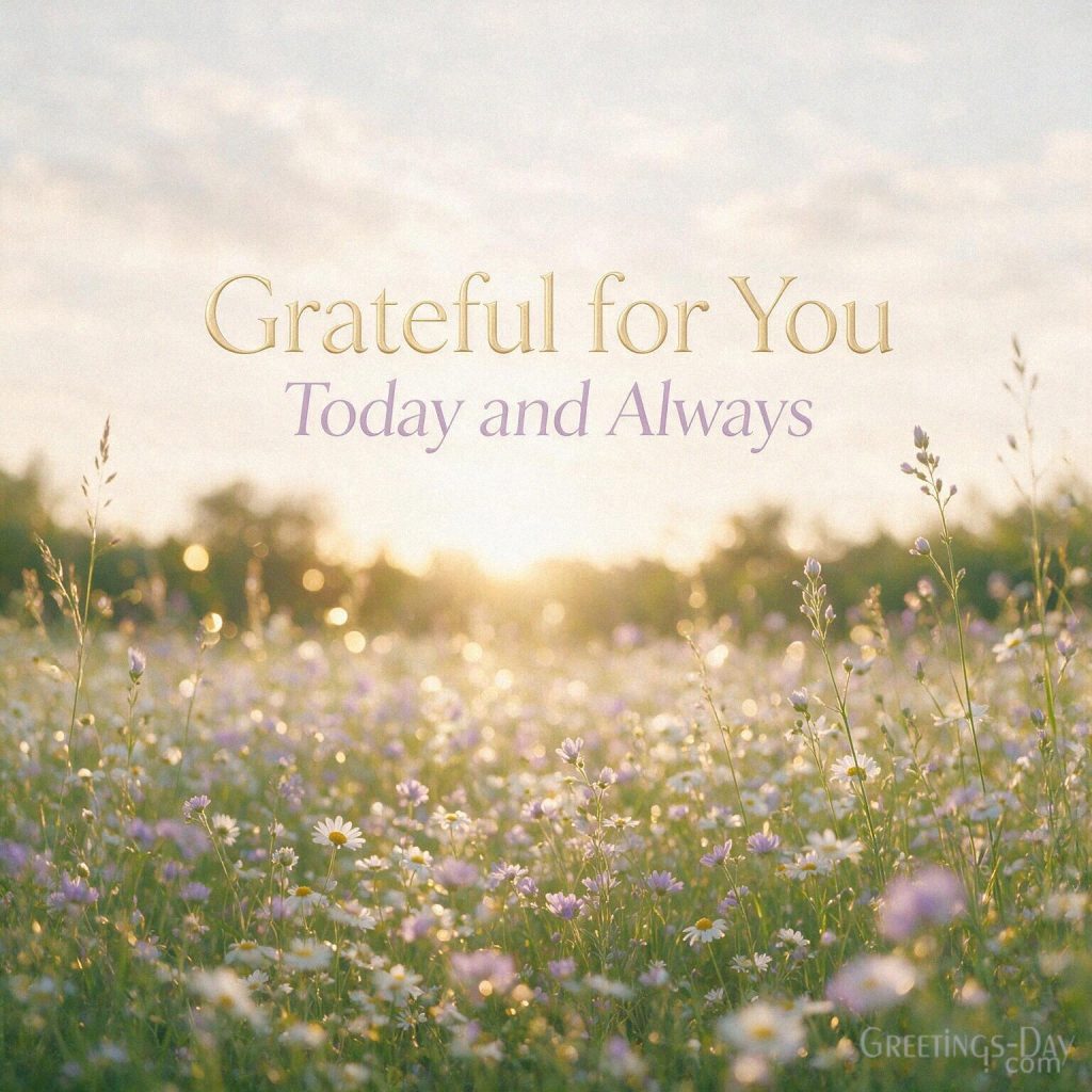 Beautiful gratitude message with lavender wildflowers at golden hour saying “Grateful for You Today and Always.” with the text