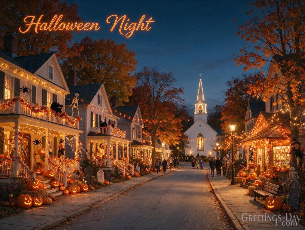 Halloween Night wallpaper featuring glowing pumpkins and festive fall decorations