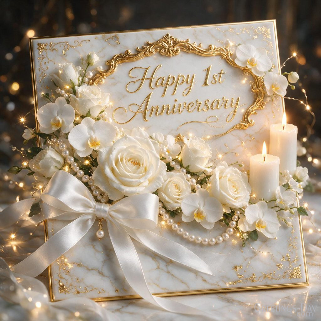 Luxury Happy 1st Anniversary card with white roses and gold accents featuring Happy 1st Anniversary greeting