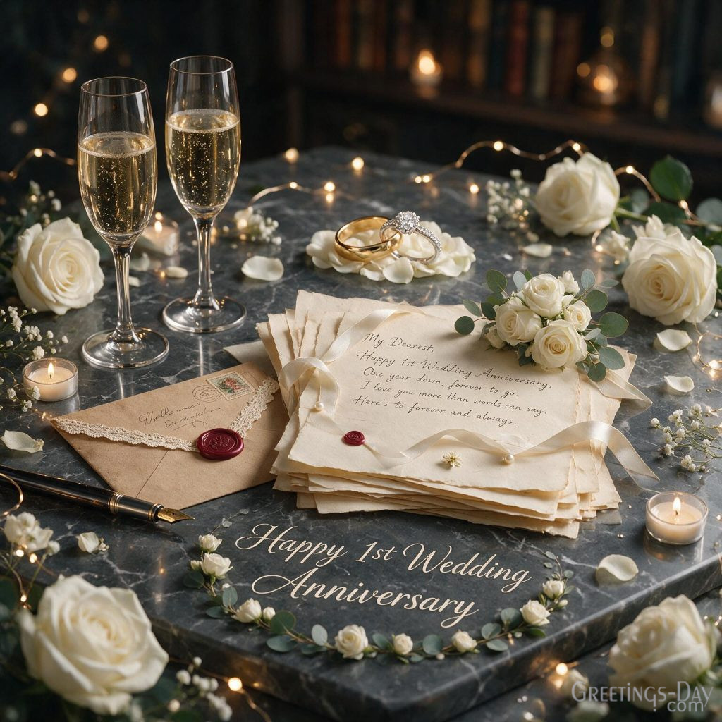 Elegant 1st Wedding Anniversary card with love letters, roses, wedding rings, and Happy 1st Wedding Anniversary greeting.