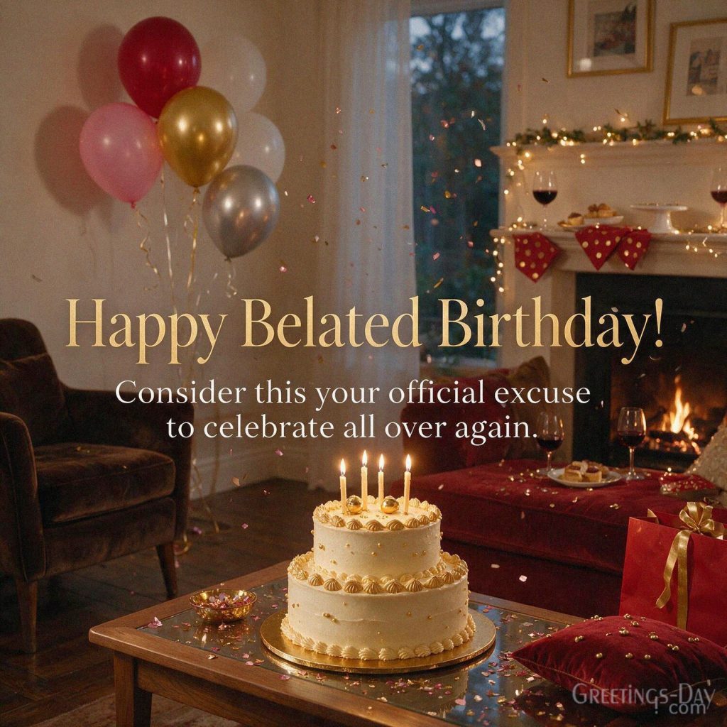 Happy Belated Birthday image featuring “Happy Belated Birthday! Consider this your official excuse to celebrate all over again.” with the text 