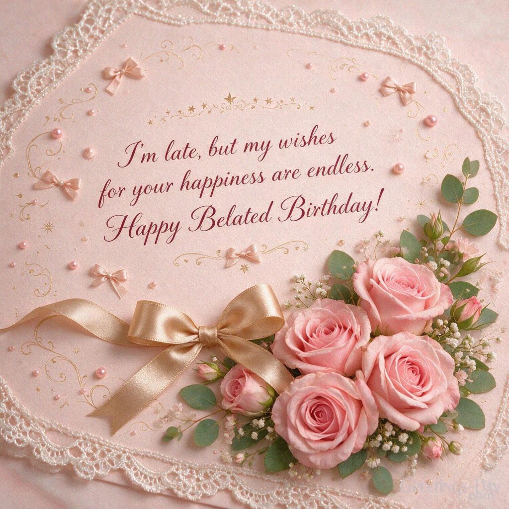 Beautiful Happy Belated Birthday image for her featuring “A beautiful birthday wish is never too late for someone as special as you.” with the text 