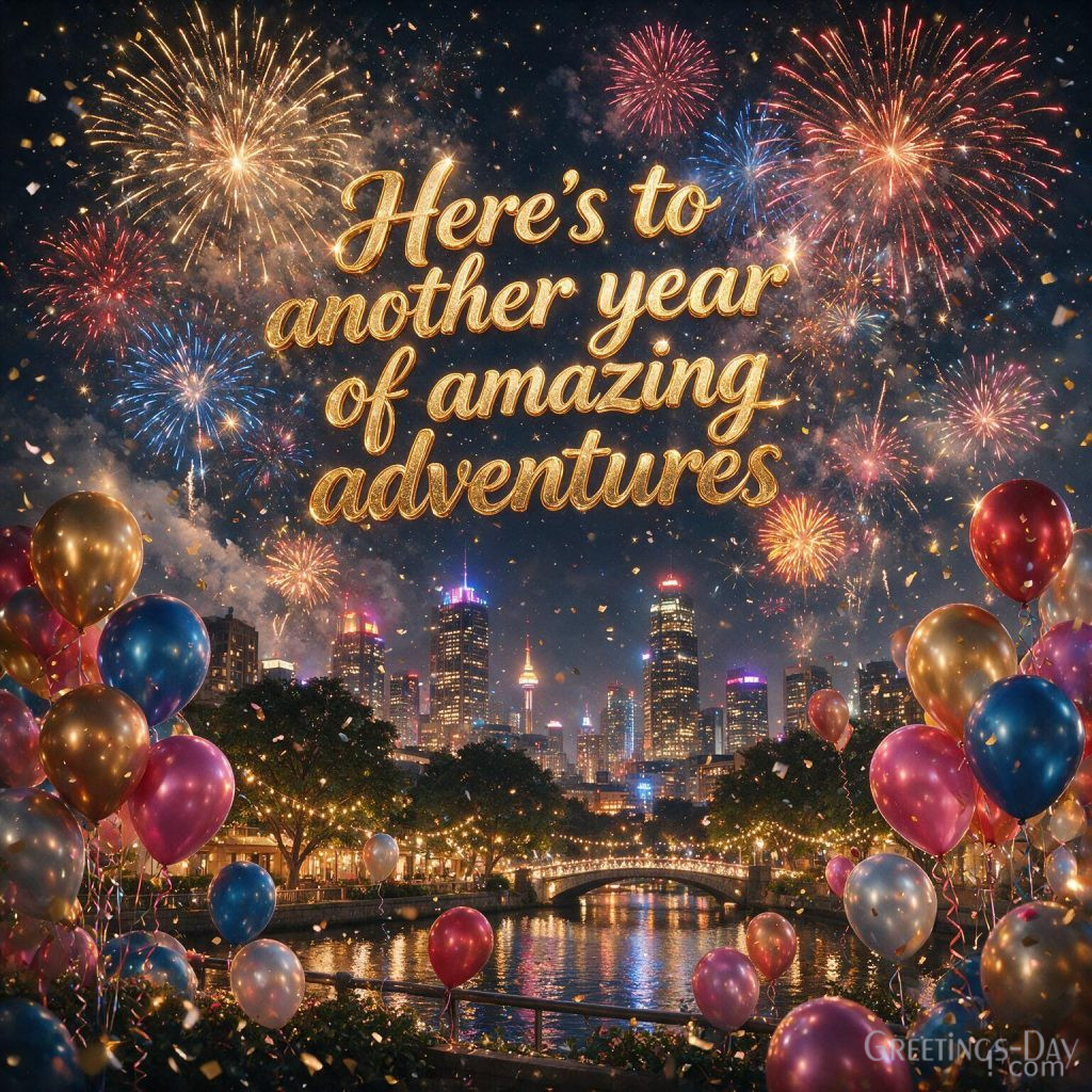 Festive Happy Birthday picture with fireworks and confetti saying 