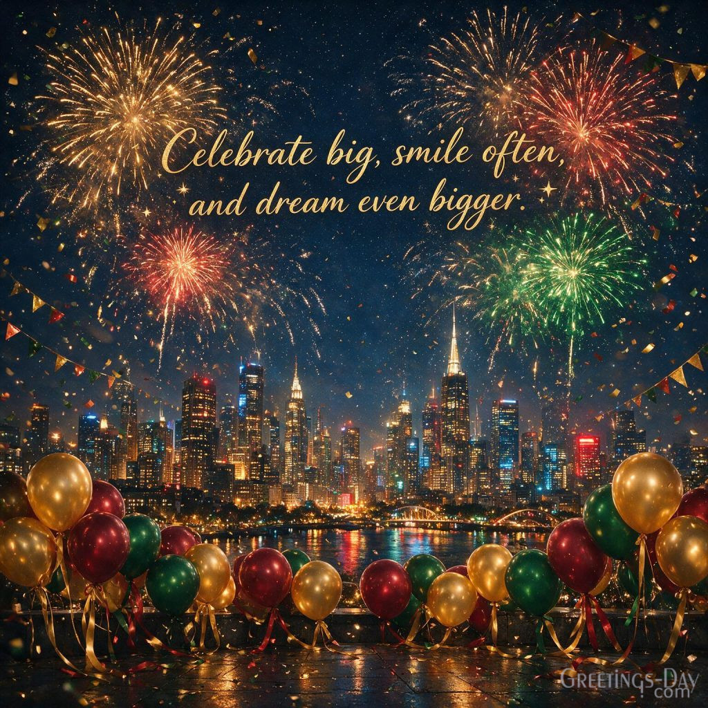 Happy Birthday image with colorful fireworks, balloons, and sparkling lights featuring 