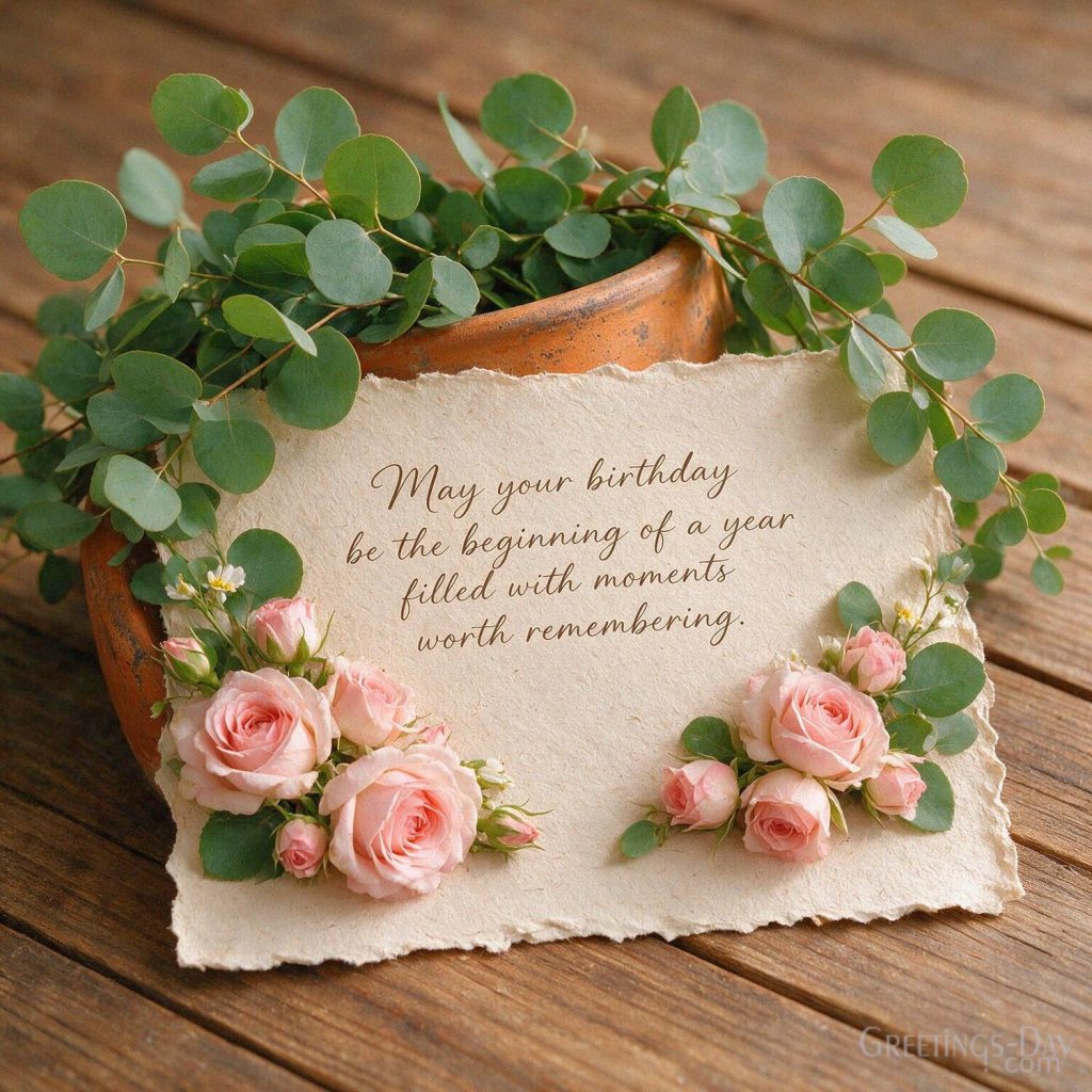 Beautiful Happy Birthday Quotes image with blush roses and white peonies featuring “May your birthday be the beginning of a year filled with moments worth remembering.” with the te