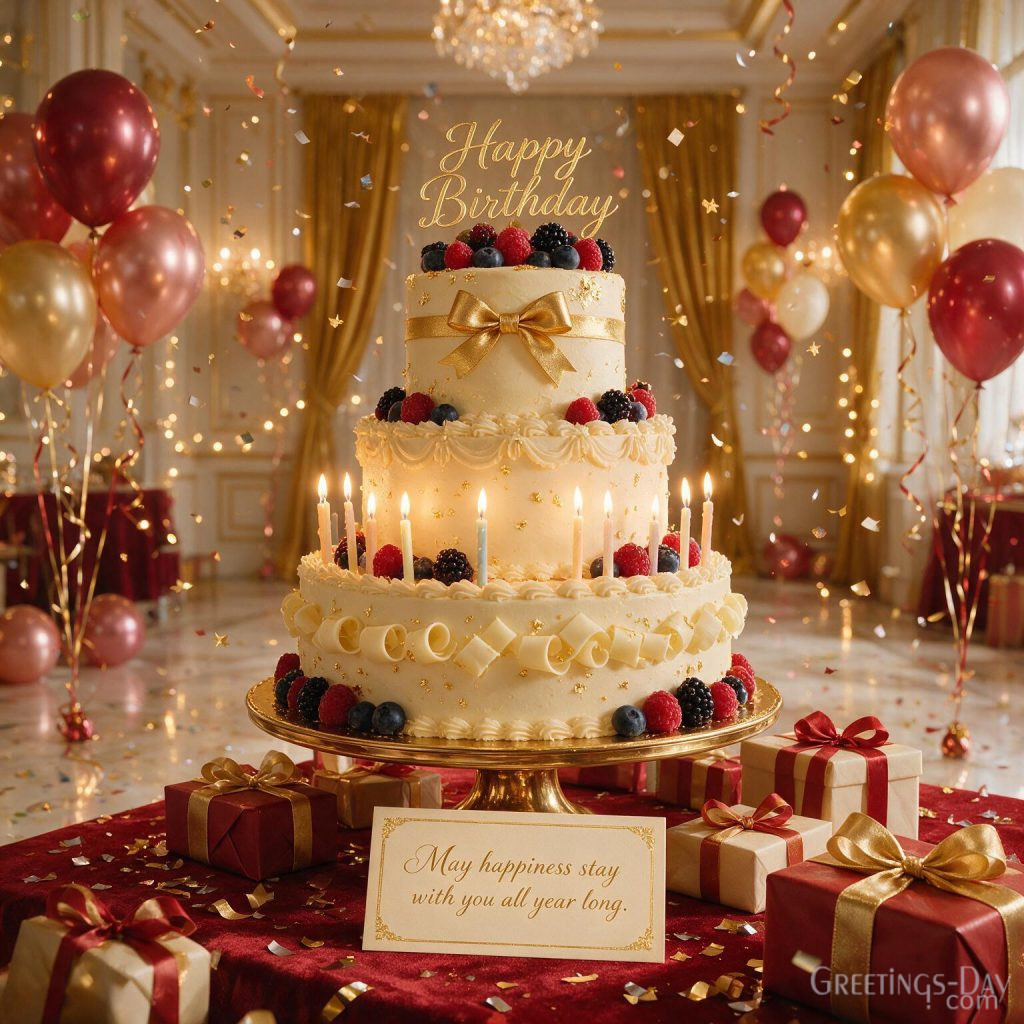 Beautiful Birthday greeting image with layered birthday cake and party decorations saying 