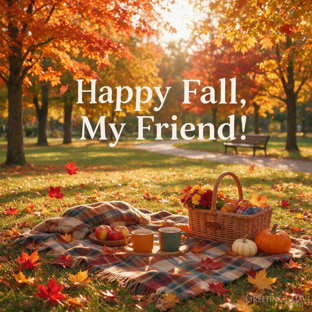 Happy Fall wish for a friend with a cozy autumn picnic