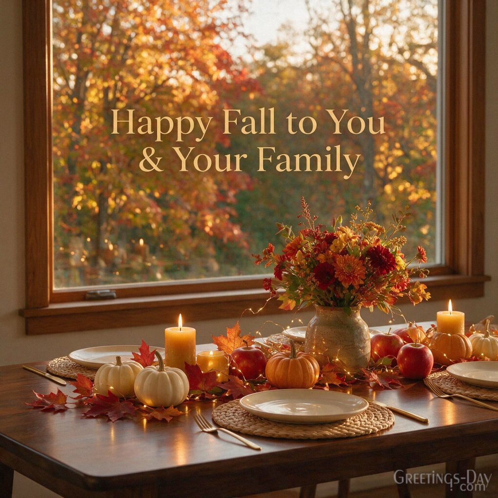 Happy Fall family greeting with a warm autumn home