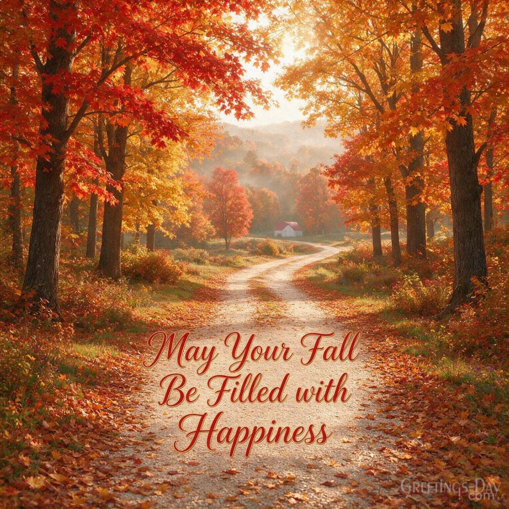 Happy fall wishes image with a golden autumn landscape and the message “May Your Fall Be Filled with Happiness.” with the text