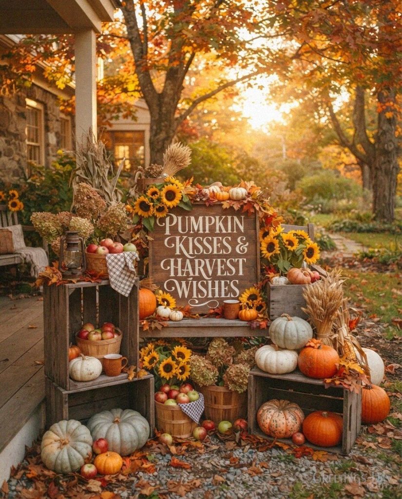 Happy Fall Y’all image with orange and white pumpkins