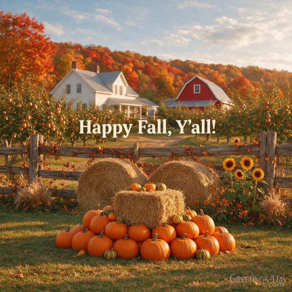 Happy Fall Y’all greeting image with pumpkins
