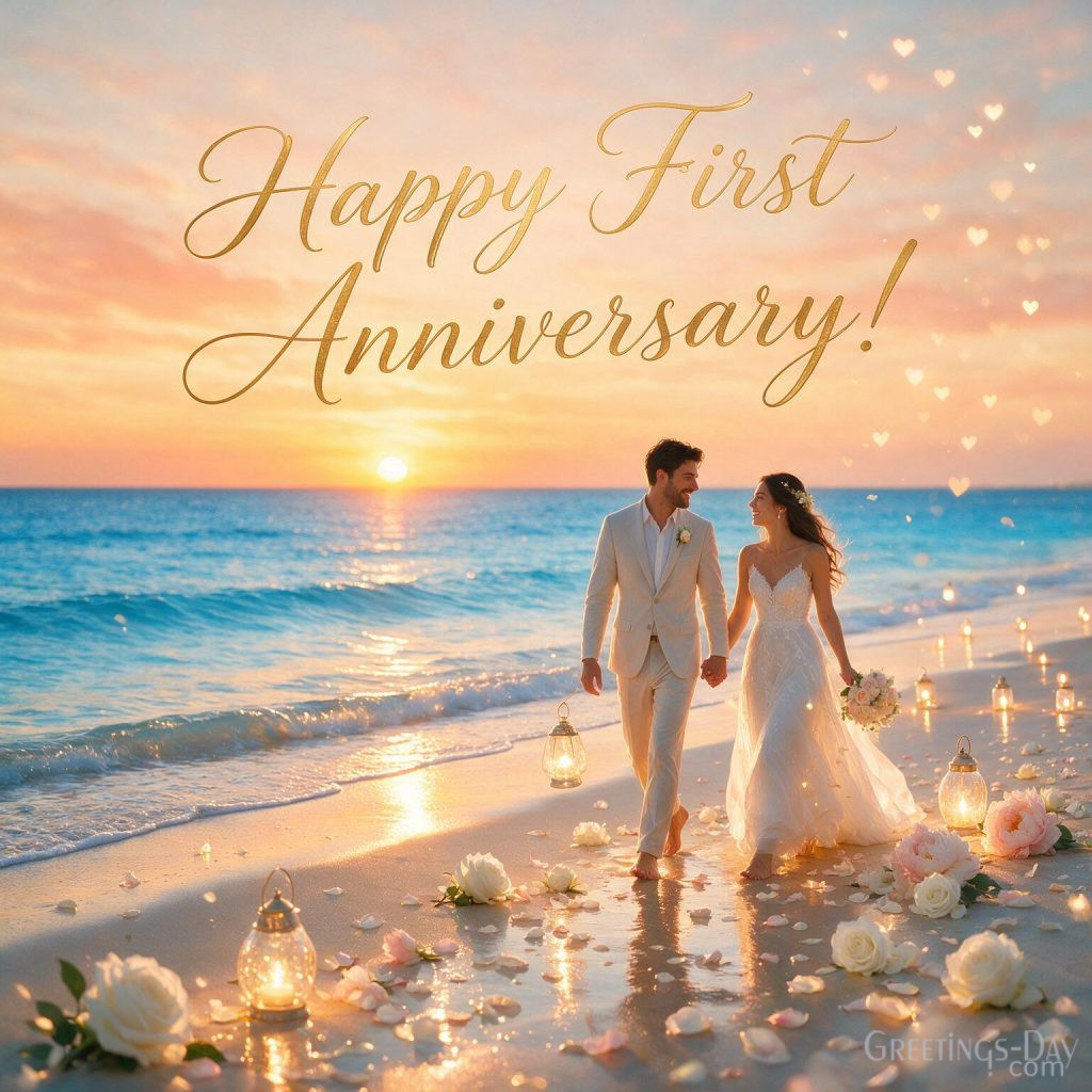 Happy First Anniversary image with romantic beach sunset, Happy First Anniversary! greeting, roses, and golden ocean view for a one-year anniversary celebration.