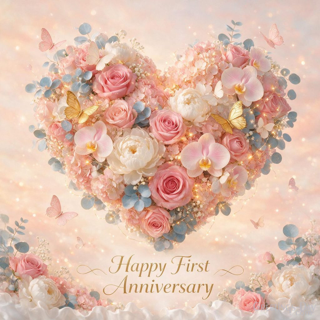 Elegant Happy First Anniversary card with floral heart and Happy First Anniversary greeting for couples.