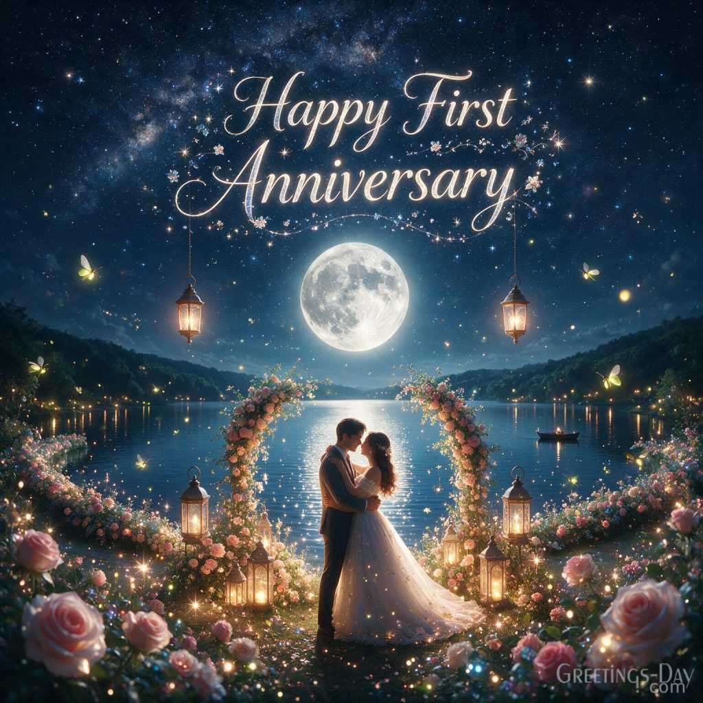 Romantic Happy First Anniversary image beneath the moonlight featuring Happy First Anniversary greeting for newlyweds
