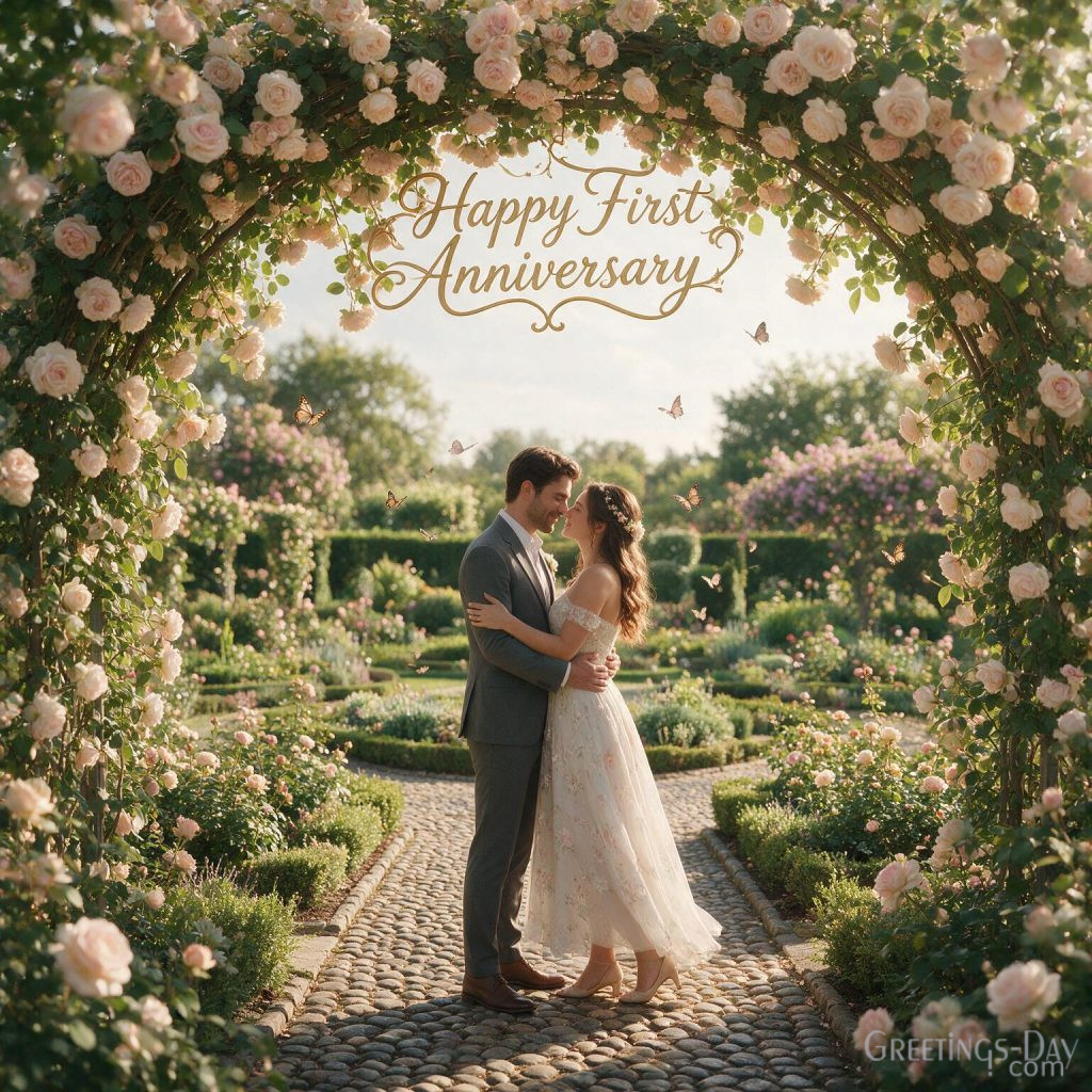 Beautiful Happy First Anniversary image in a blooming rose garden with Happy First Anniversary greeting for newlyweds.
