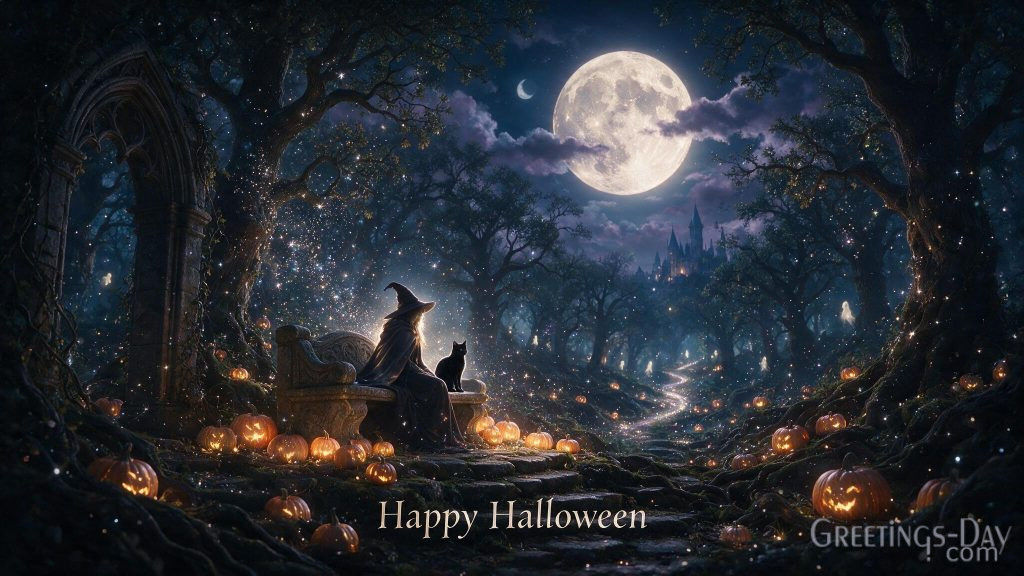 Happy Halloween black cat and witch wallpaper with glowing pumpkins in enchanted forest