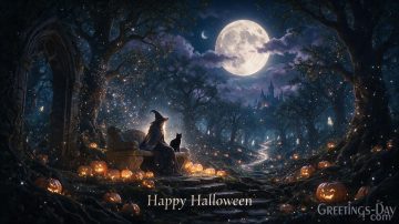 Happy Halloween Black Cat & Witch Wallpaper
