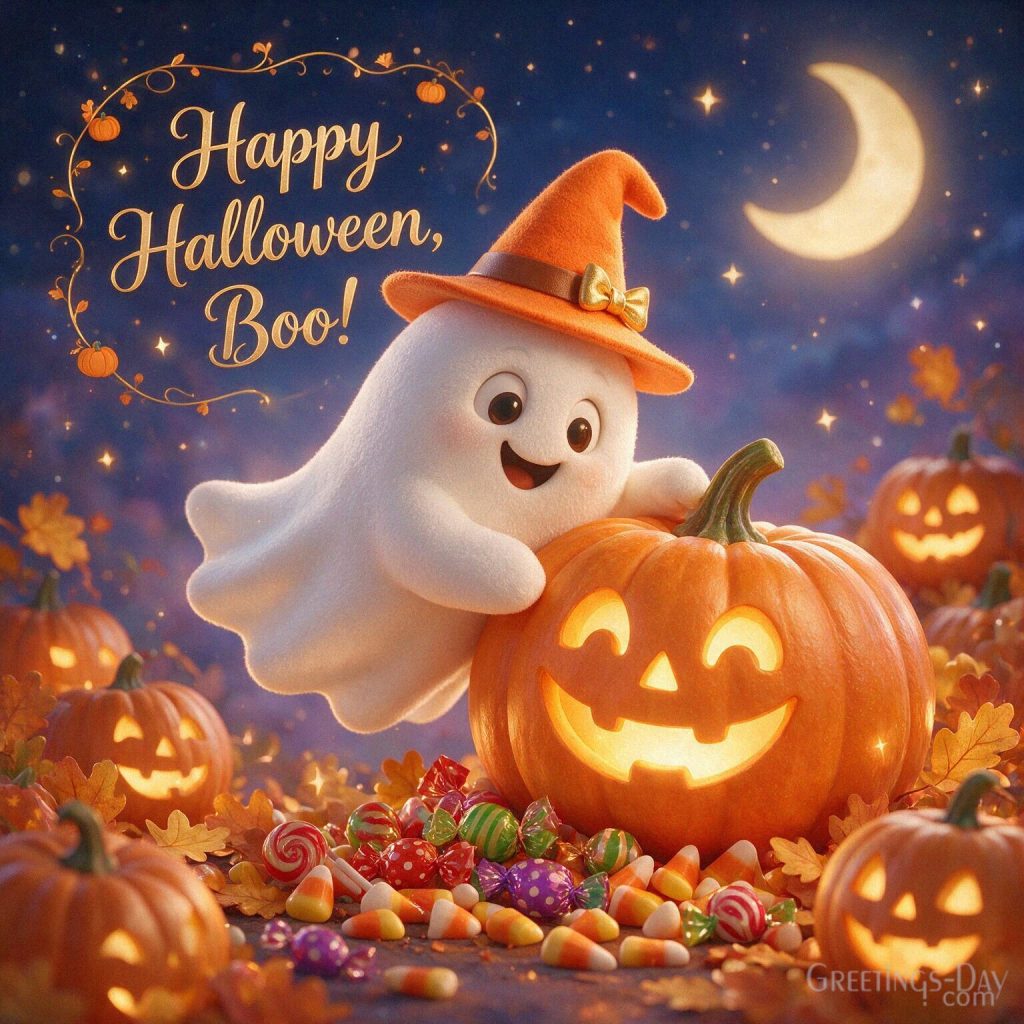 Happy Halloween Boo card with a cute white ghost