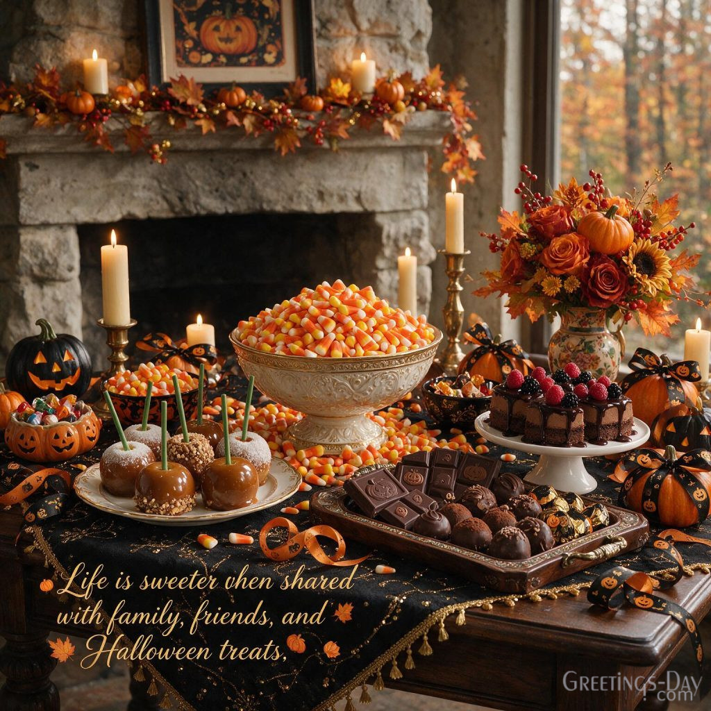 Happy Halloween quotes image with candy corn, pumpkins, caramel apples, and sweet Halloween saying