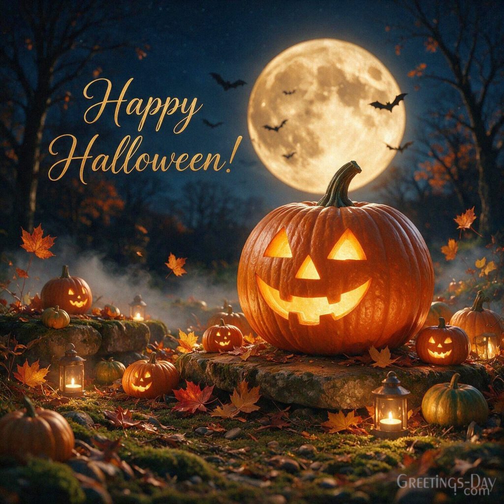 Happy Halloween card with a glowing jack-o’-lantern