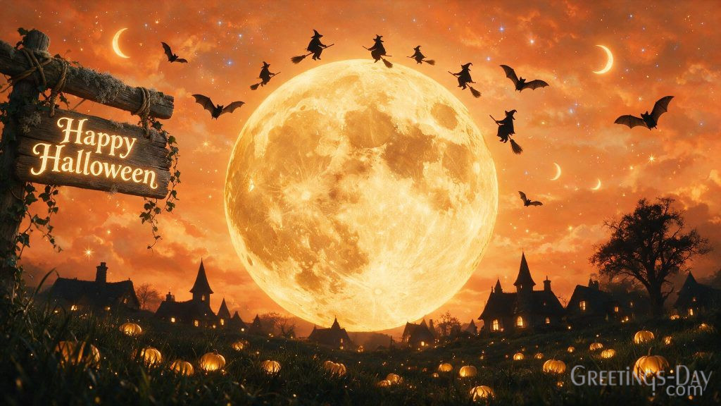 Happy Halloween flying witches wallpaper under giant harvest moon in ultra HD