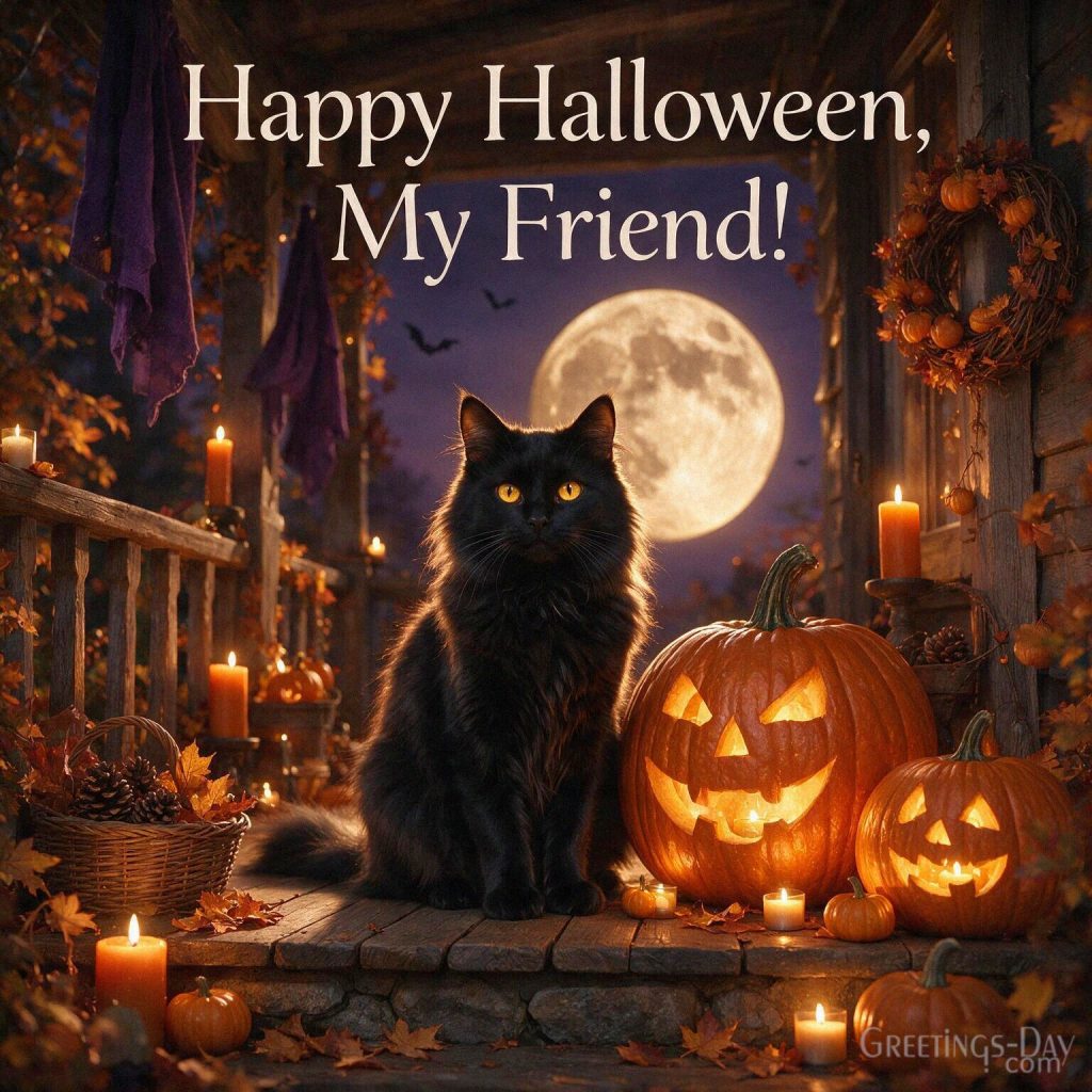 Halloween card for friends with an elegant black cat