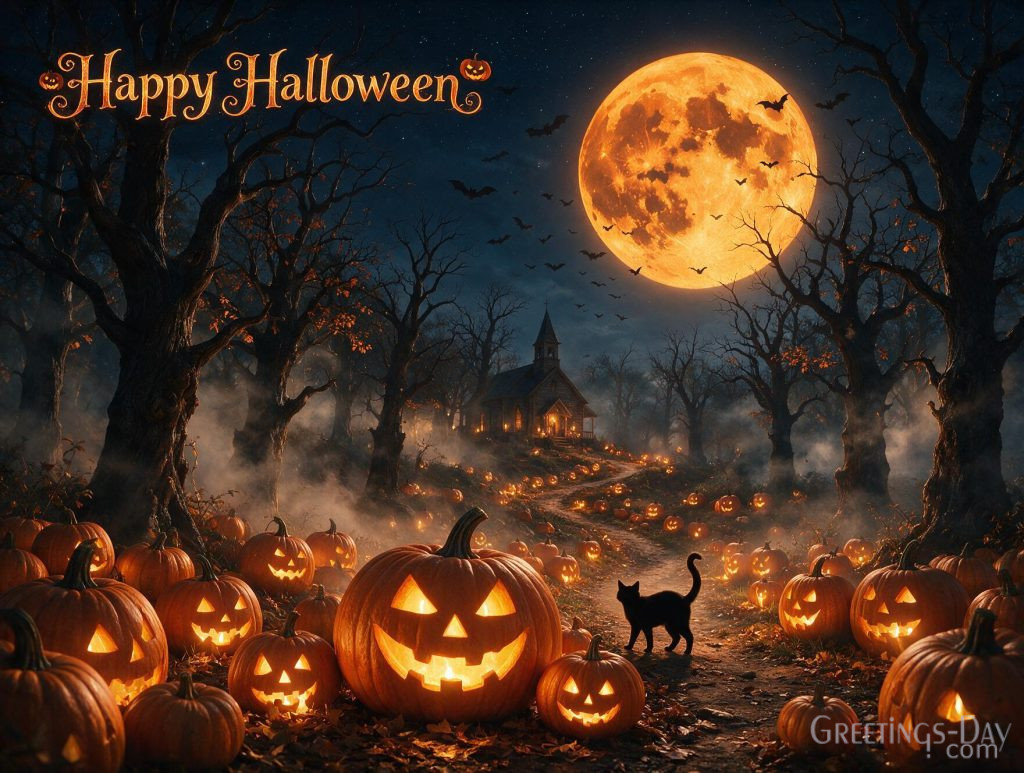 Happy Halloween wallpaper with giant orange moon black cat and spooky forest