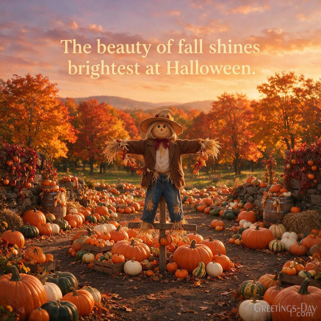 Happy Halloween quotes image with pumpkin field, golden sunset, rustic decorations, and beautiful autumn message
